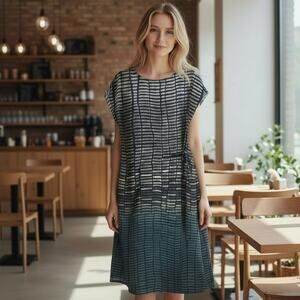 Buykud Abstract Print Dark Neutral Side Strap Modern Midi Shift Dress Medium